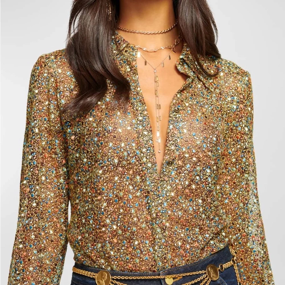 Ramy Brook Tien Magical Speckled Jacquard Embroidered Sheer Multicolor Blouse - Picture 10 of 13